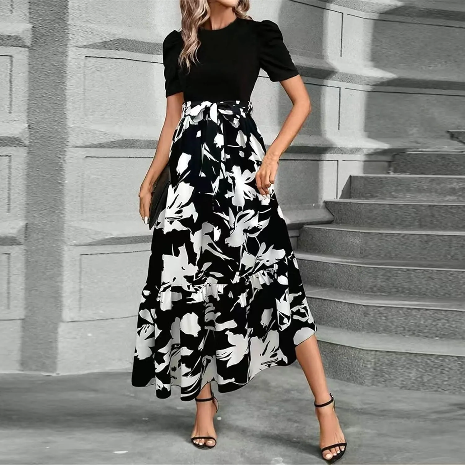 Long Floral Dresses for Women 2025 Business Casual Elegant Tie Waist Work Maxi Dress Short Sleeve Modest Flowy Dress