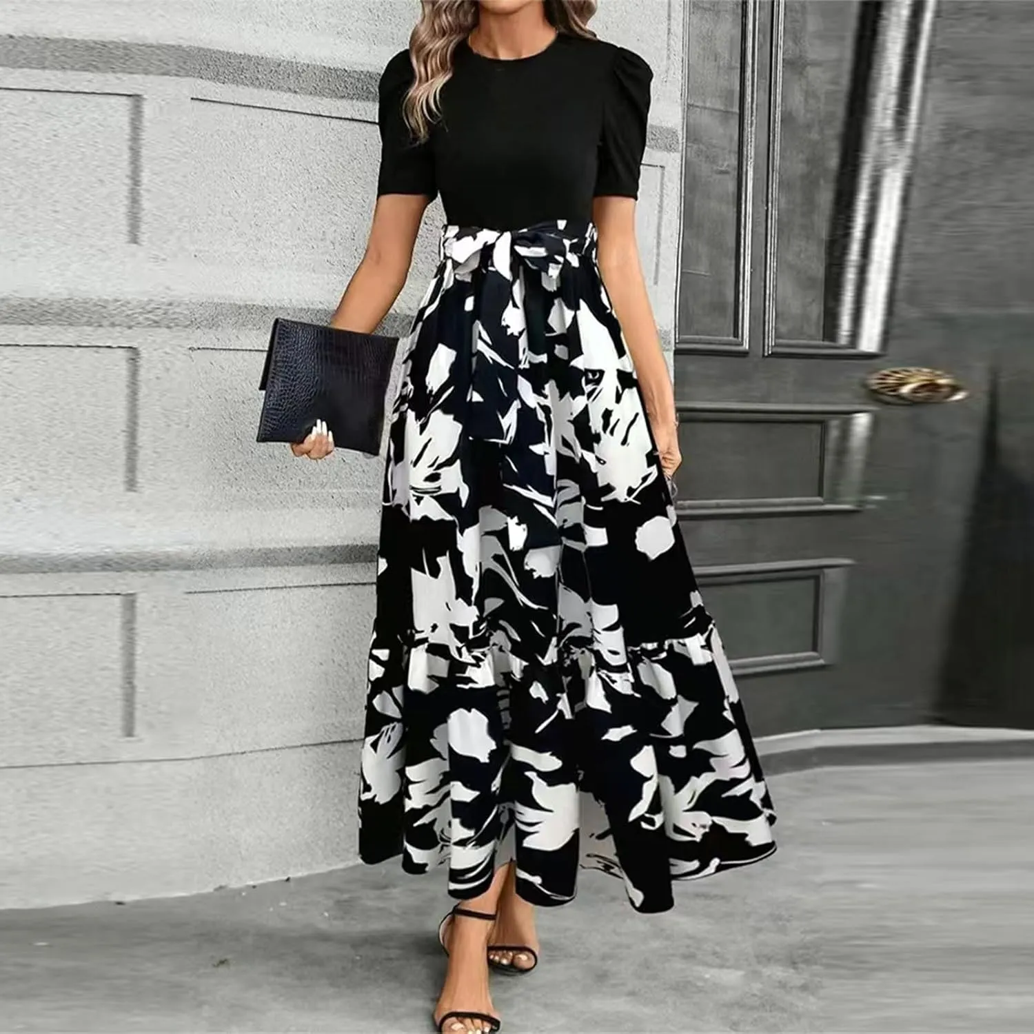 Long Floral Dresses for Women 2025 Business Casual Elegant Tie Waist Work Maxi Dress Short Sleeve Modest Flowy Dress