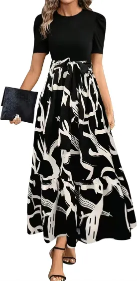 Long Floral Dresses for Women 2025 Business Casual Elegant Tie Waist Work Maxi Dress Short Sleeve Modest Flowy Dress