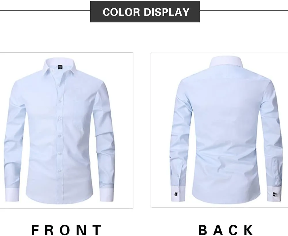 Men's French Cuff Dress Shirt Regular Fit Formal Business Button Down Shirt for Men Long Sleeve Random Cufflinks