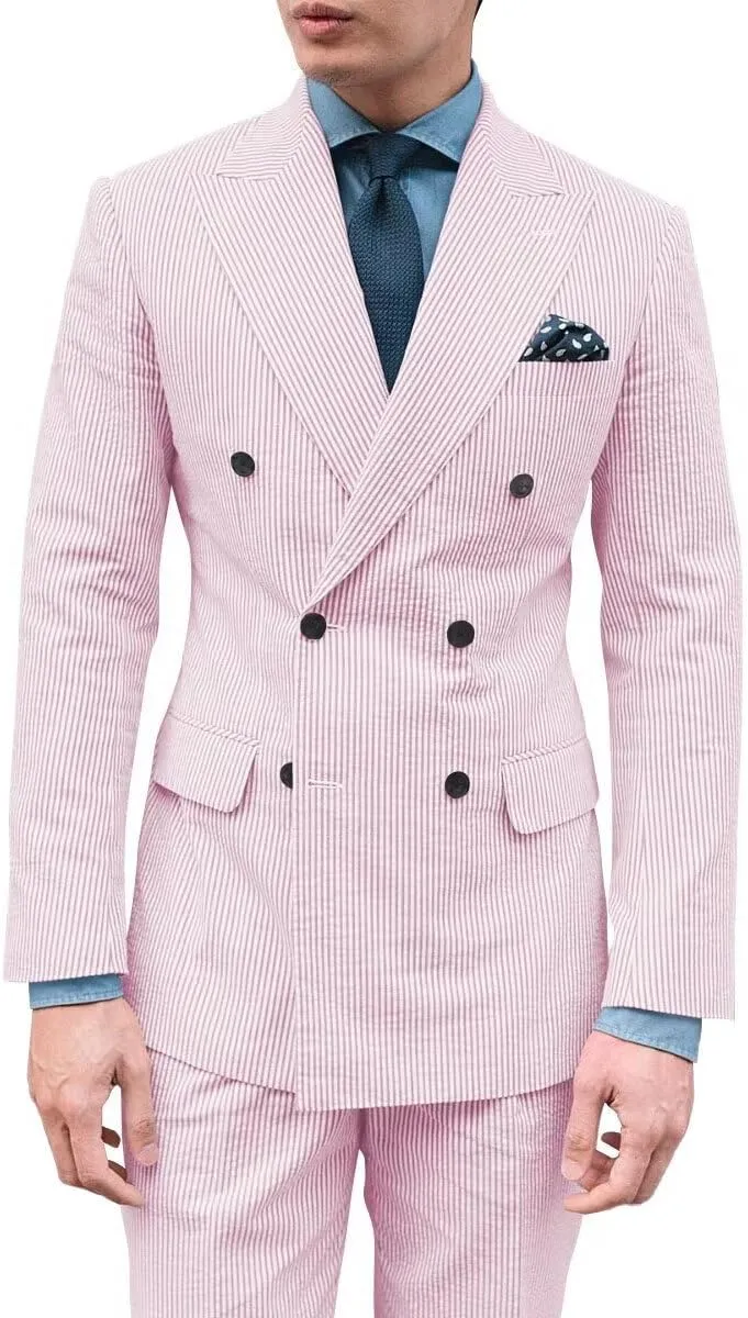 Men's Seersucker Suit 2 Piece Double Breasted Suits for Men Slim Fit Beach Wedding Striped Summer Casual Suit