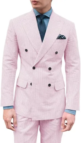 Men's Seersucker Suit 2 Piece Double Breasted Suits for Men Slim Fit Beach Wedding Striped Summer Casual Suit