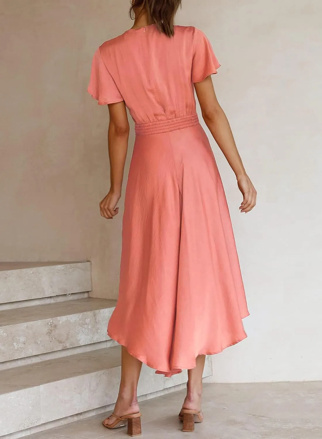 miduo Womens Satin V Neck Ruffle Short Sleeve Tie Front High Waist Midi A-Line Maxi Dresses