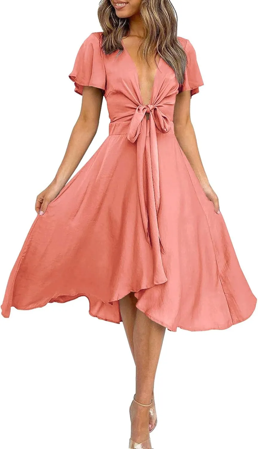 miduo Womens Satin V Neck Ruffle Short Sleeve Tie Front High Waist Midi A-Line Maxi Dresses