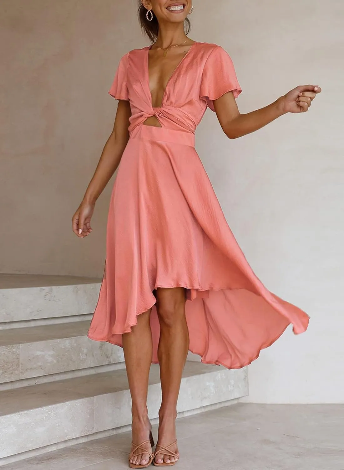 miduo Womens Satin V Neck Ruffle Short Sleeve Tie Front High Waist Midi A-Line Maxi Dresses