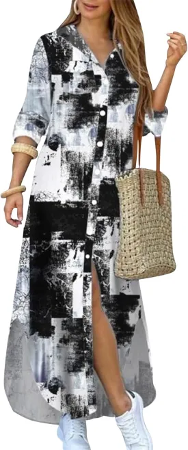 OMZIN Women's Shirts Long Dresses Button Down Vintage Printed Lapel Dress Roll up Long Sleeve Dress