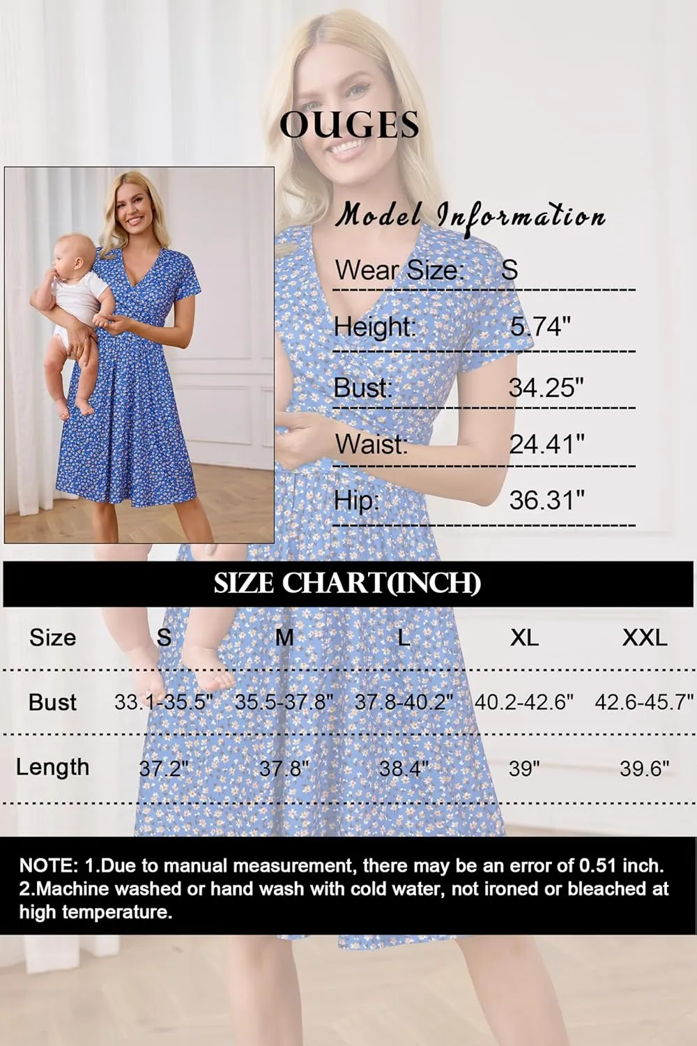 OUGES Women's 2025 Fashion V Neck Midi Dress with Pockets Maternity Clothes Nursing Dresses