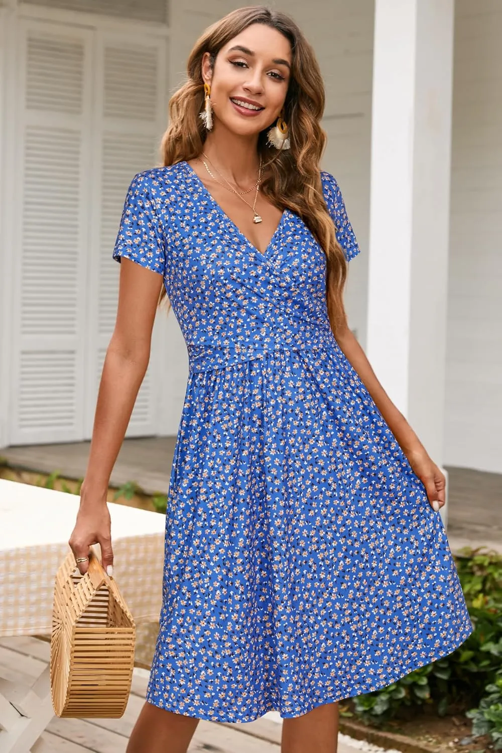 OUGES Women's 2025 Fashion V Neck Midi Dress with Pockets Maternity Clothes Nursing Dresses