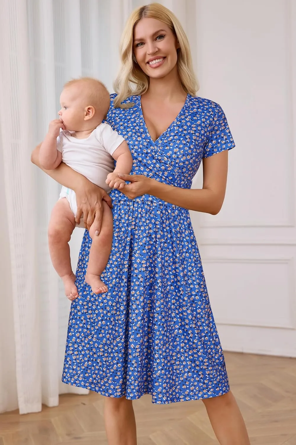 OUGES Women's 2025 Fashion V Neck Midi Dress with Pockets Maternity Clothes Nursing Dresses