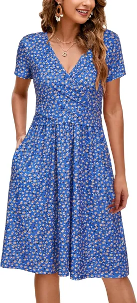 OUGES Women's 2025 Fashion V Neck Midi Dress with Pockets Maternity Clothes Nursing Dresses