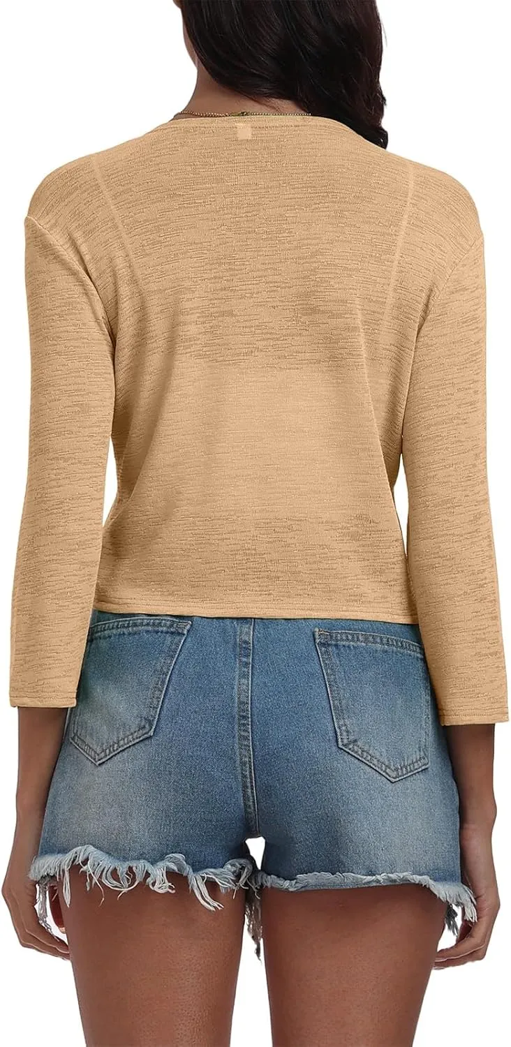 PrinStory Women's Tie Front Shrug 3/4 Sleeve Bolero Cardigan Lightweight Summer Casual Short Shawl Top