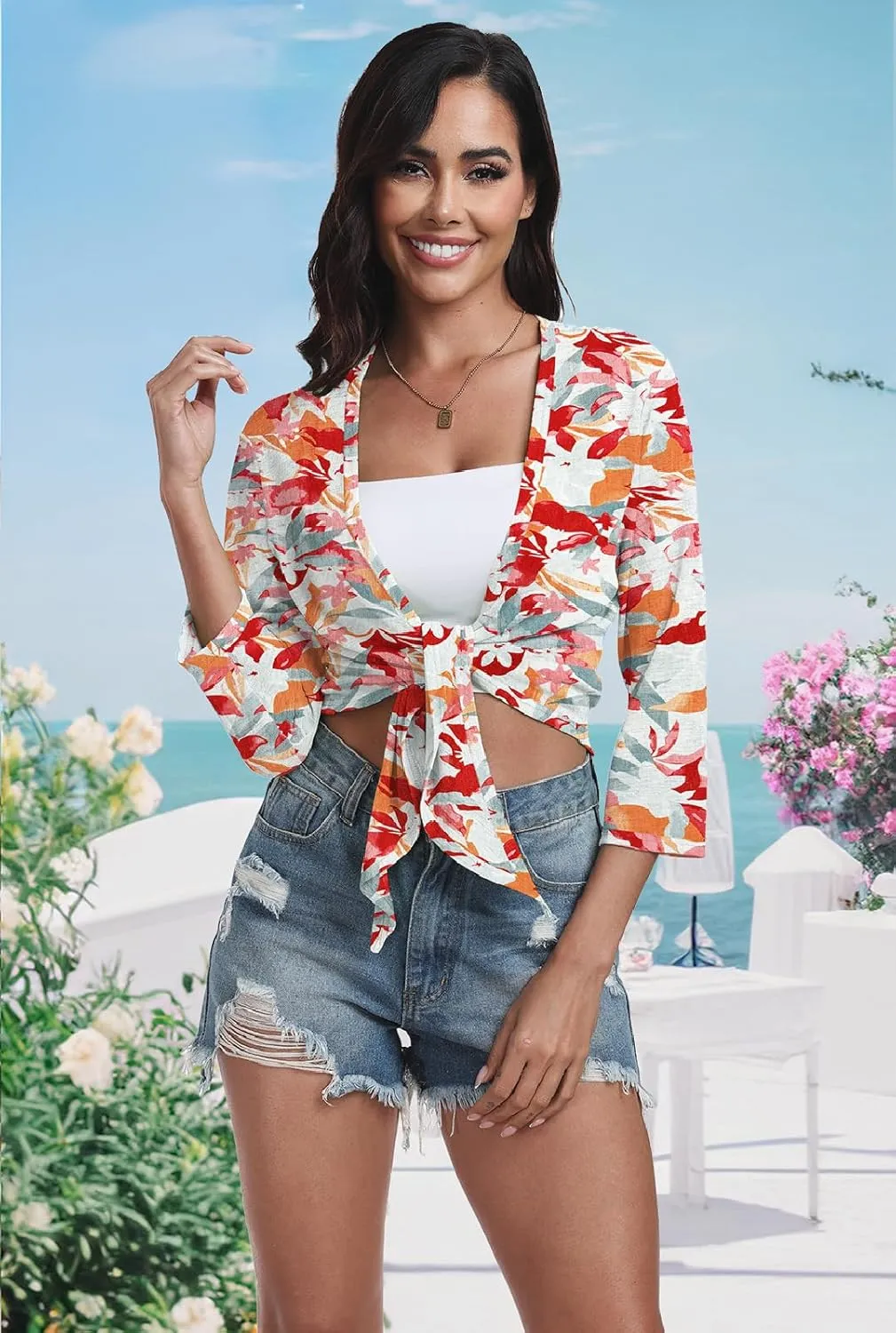 PrinStory Women's Tie Front Shrug 3/4 Sleeve Bolero Cardigan Lightweight Summer Casual Short Shawl Top