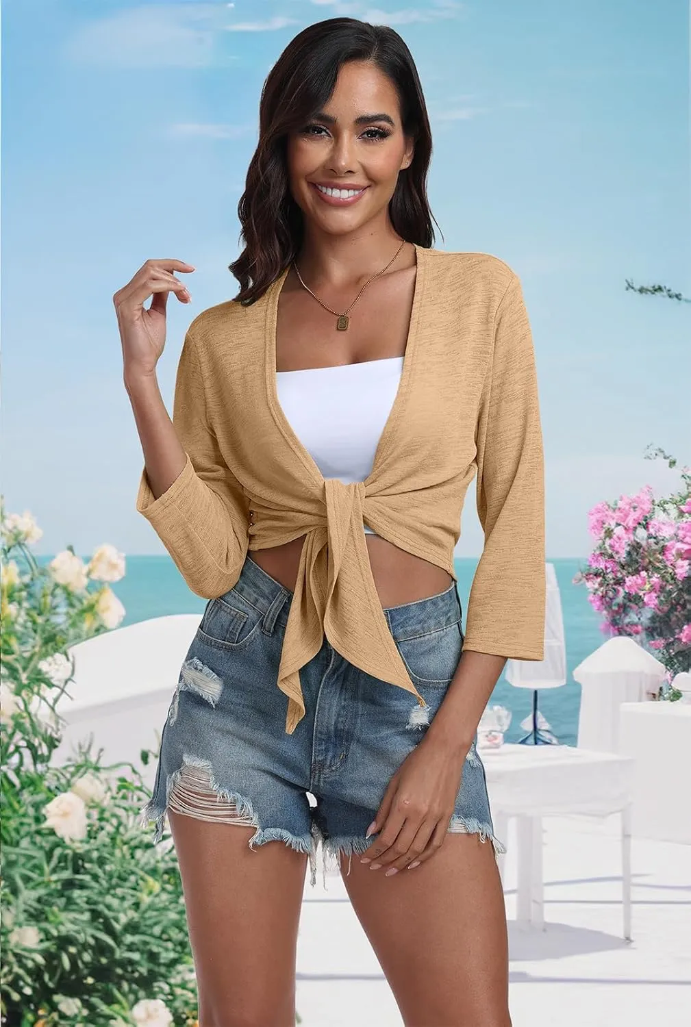 PrinStory Women's Tie Front Shrug 3/4 Sleeve Bolero Cardigan Lightweight Summer Casual Short Shawl Top
