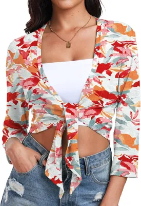 PrinStory Women's Tie Front Shrug 3/4 Sleeve Bolero Cardigan Lightweight Summer Casual Short Shawl Top