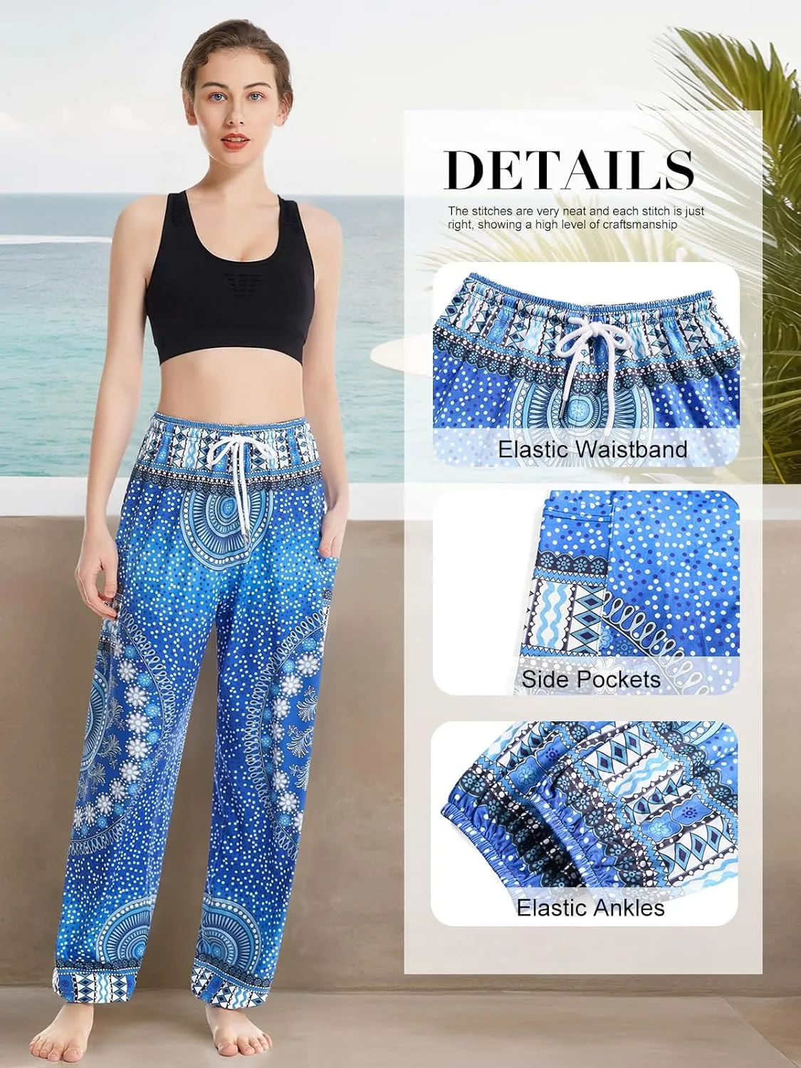 QIANXIZHAN Women's Harem Pants, Hippie Palazzo Pants Boho Joggers Yoga Clothes with Pockets
