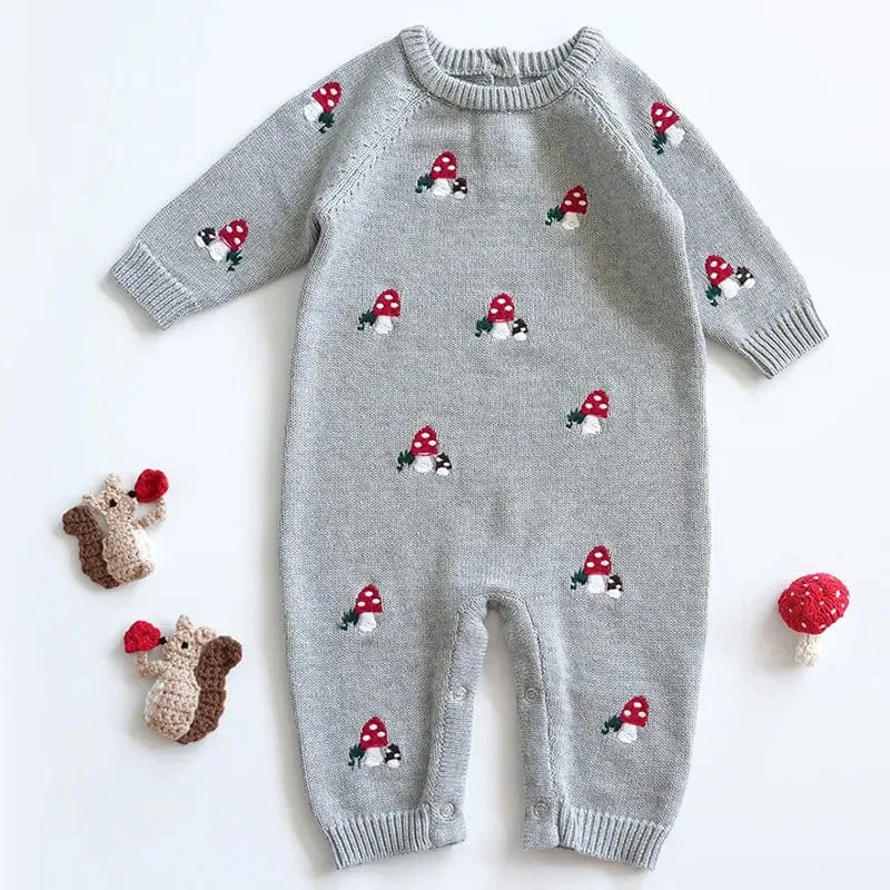 "Mushroom Cutie" Embroidered Toasty-Warm Rompers