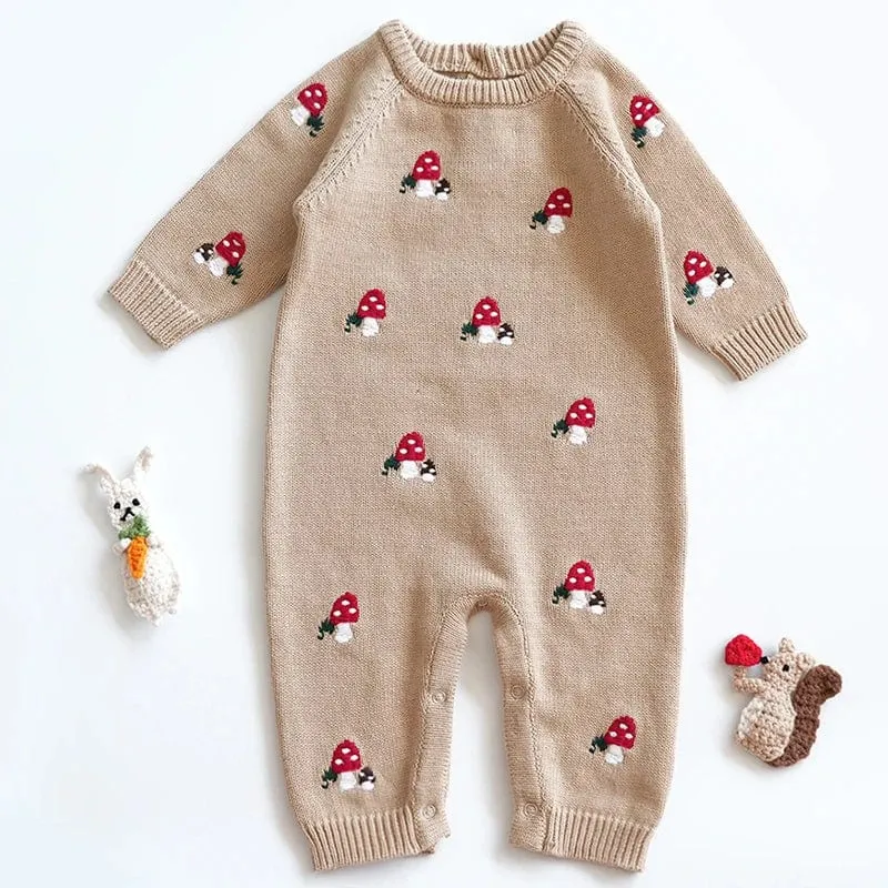 "Mushroom Cutie" Embroidered Toasty-Warm Rompers