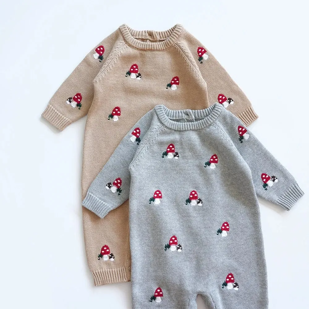 "Mushroom Cutie" Embroidered Toasty-Warm Rompers
