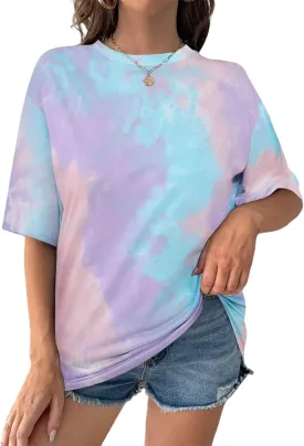 Remidoo Women's Casual Crewneck Short Sleeve Tie Dye Oversized T Shirt Graphic Tee Top