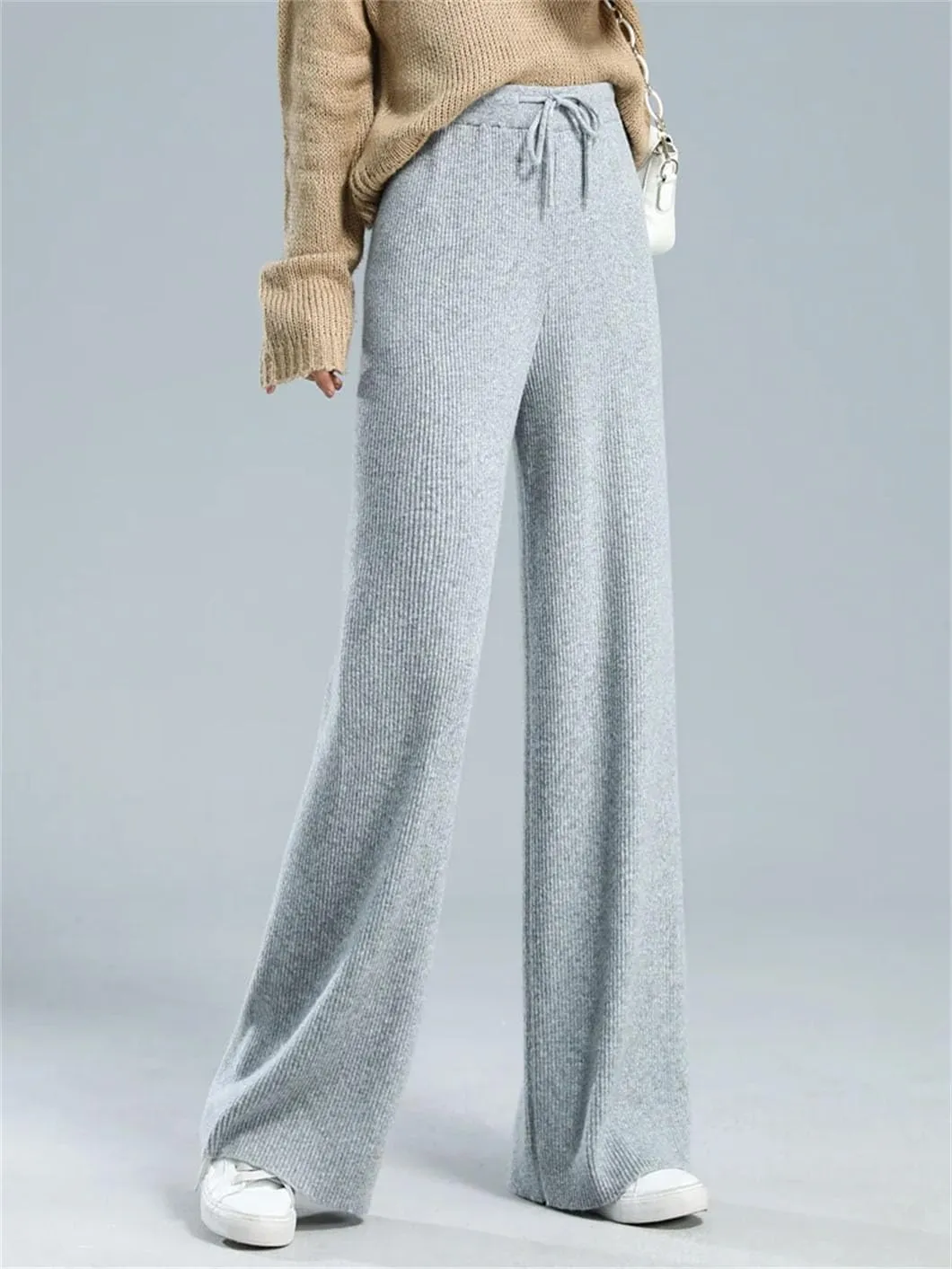Rfmfkkg Womens Wool Knitted Pants Loose Wide Leg Pants Floor Length Trousers Soft Casual Wool Pants