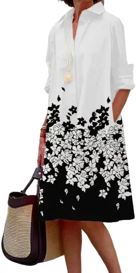 Shirt Dress for Women Casual Print Linen T Shirt Dress Summer V Neck Loose Long Sleeve Button Maxi Collared Dress