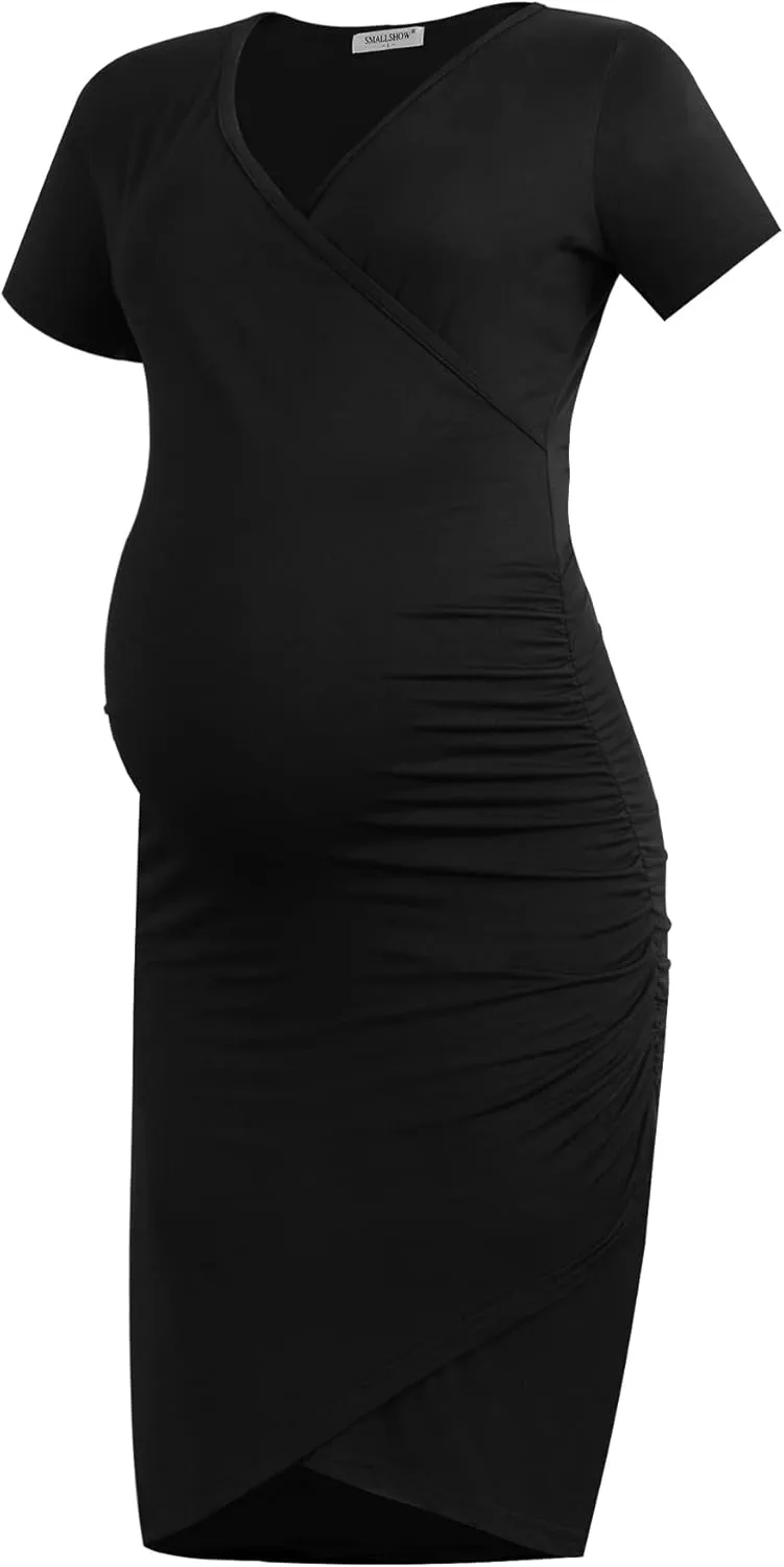 Smallshow Women's Maternity Short Sleeve Dress Ruched Casual Wrap Pregnancy Clothes