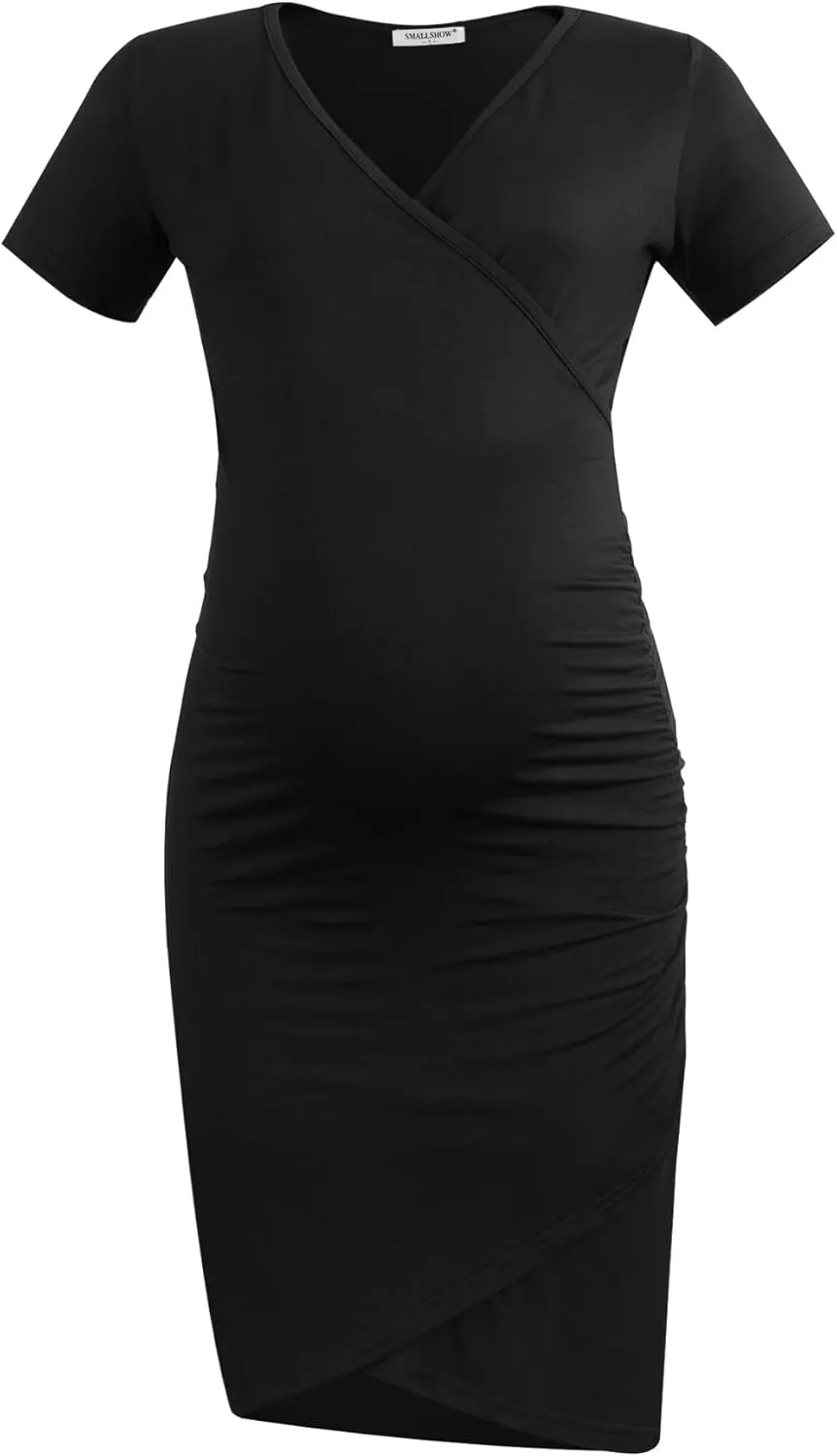 Smallshow Women's Maternity Short Sleeve Dress Ruched Casual Wrap Pregnancy Clothes