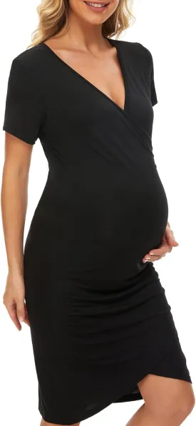 Smallshow Women's Maternity Short Sleeve Dress Ruched Casual Wrap Pregnancy Clothes