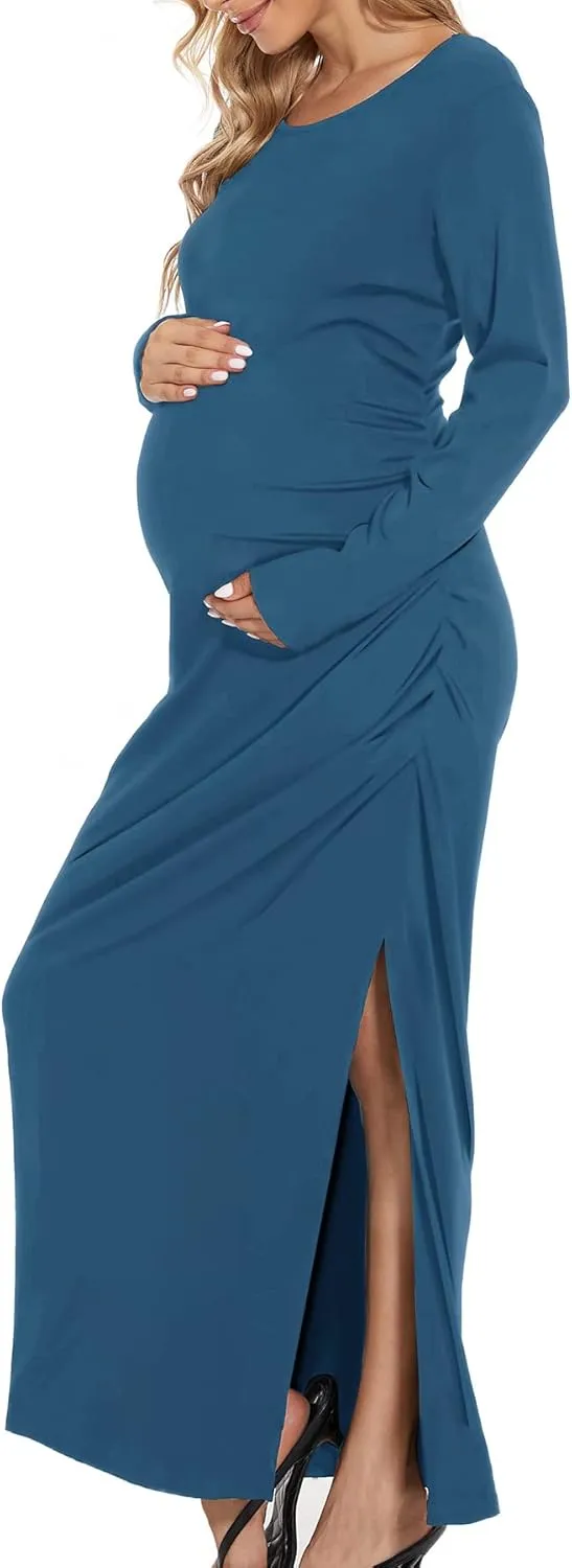 Smallshow Women's Split Maternity Dress Long Sleeve Ruched Pregnancy Clothes