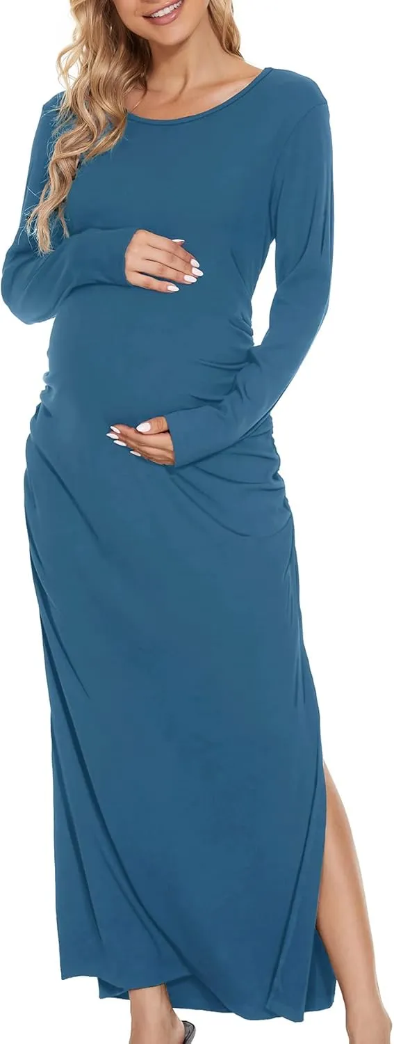 Smallshow Women's Split Maternity Dress Long Sleeve Ruched Pregnancy Clothes