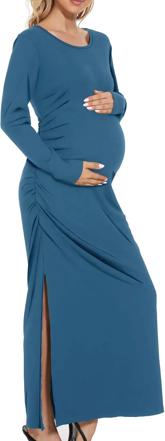 Smallshow Women's Split Maternity Dress Long Sleeve Ruched Pregnancy Clothes