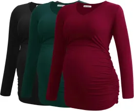 Smallshow Women's V-Neck Maternity Shirt Clothes Long Sleeve Ruched Pregnancy Top