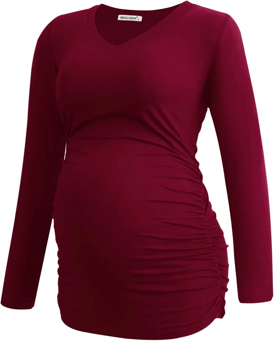 Smallshow Women's V-Neck Maternity Shirt Clothes Long Sleeve Ruched Pregnancy Top