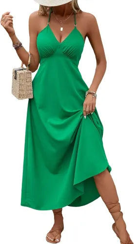 SOLY HUX Women's Halter V Neck Tie Backless Cami Dress Sleeveless Long Dresses