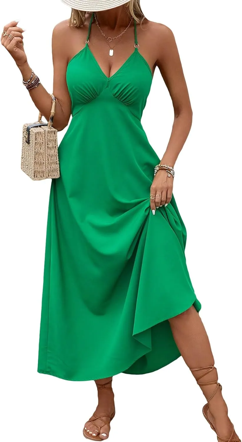 SOLY HUX Women's Halter V Neck Tie Backless Cami Dress Sleeveless Long Dresses