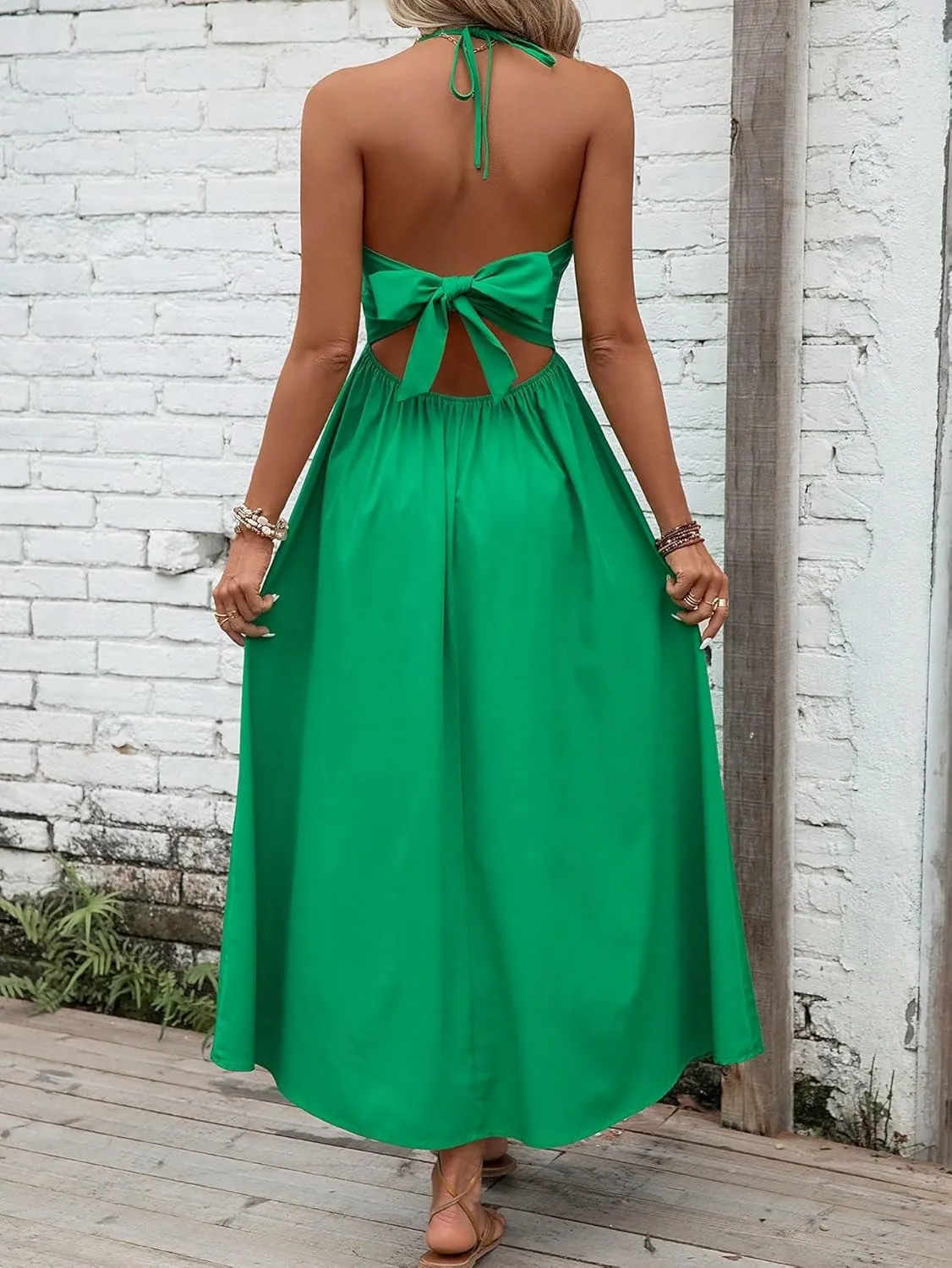 SOLY HUX Women's Halter V Neck Tie Backless Cami Dress Sleeveless Long Dresses
