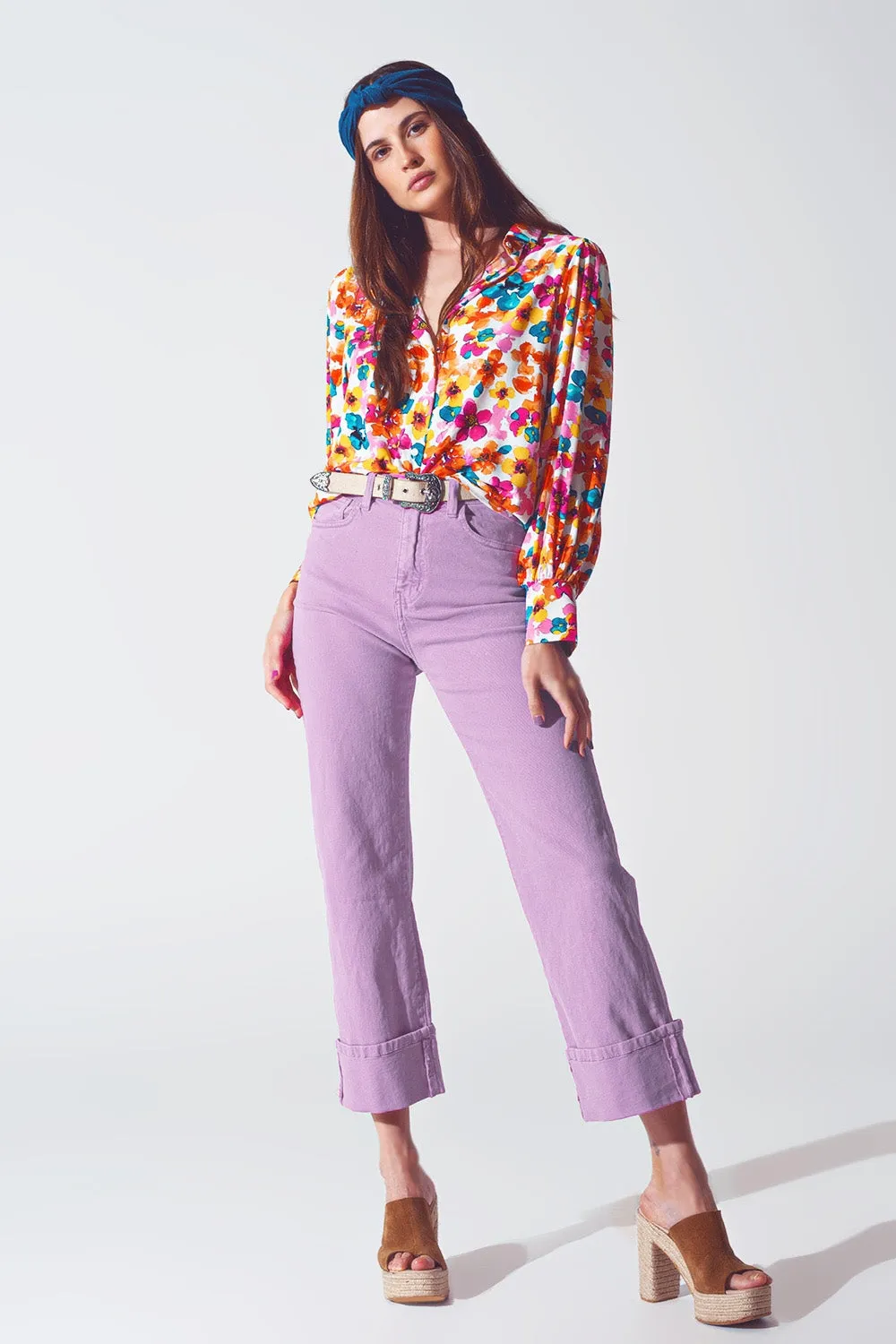 Straight Leg Jeans with Cropped Hem in purple