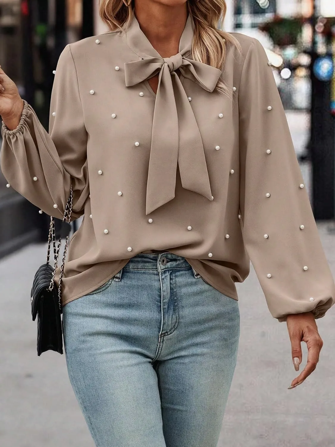 SweatyRocks Women's Pearls Bow Tie Mock Neck Long Sleeve Shirts Casual Loose Fit Blouse Top