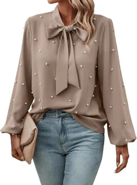 SweatyRocks Women's Pearls Bow Tie Mock Neck Long Sleeve Shirts Casual Loose Fit Blouse Top