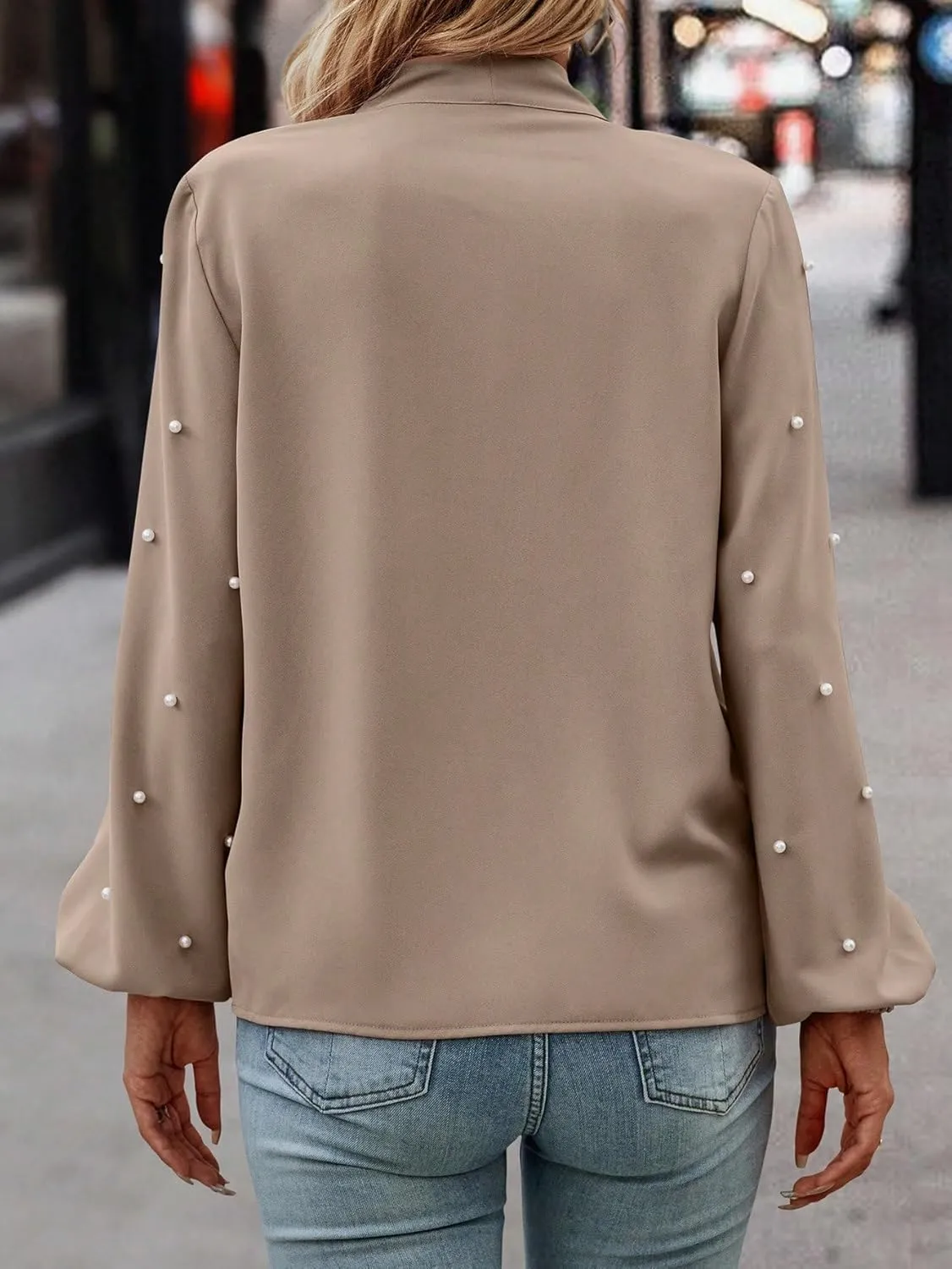 SweatyRocks Women's Pearls Bow Tie Mock Neck Long Sleeve Shirts Casual Loose Fit Blouse Top