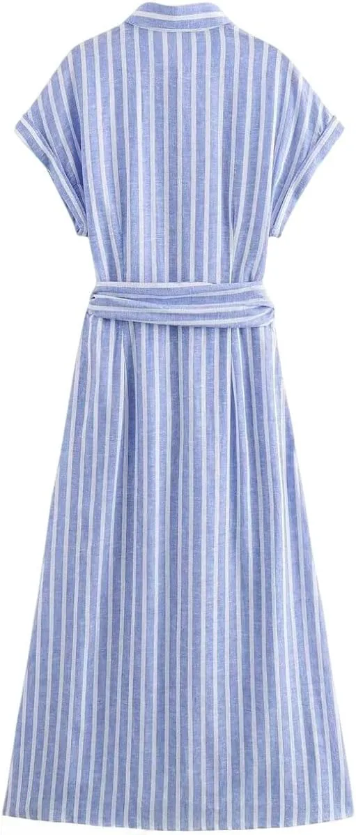 utcoco Womens 2025 Stripes Shirt Dress Casual Short Sleeve Button Down Belted Vacation Midi Dress