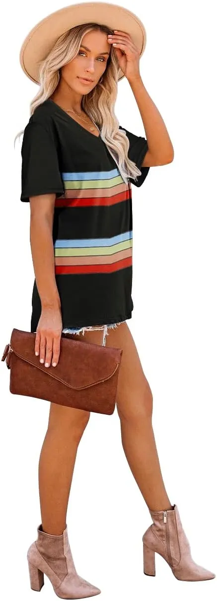 WEESO T Shirts for Women V Neck Summer Color Block Tops