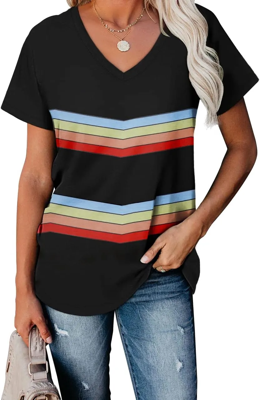 WEESO T Shirts for Women V Neck Summer Color Block Tops