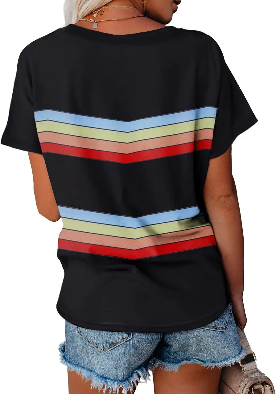 WEESO T Shirts for Women V Neck Summer Color Block Tops