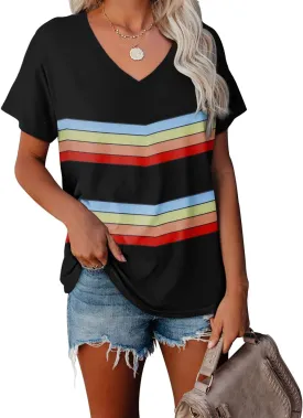 WEESO T Shirts for Women V Neck Summer Color Block Tops
