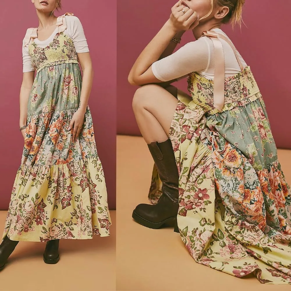 Women Floral Boho Sundress Tie Shoulder Smocked Patchwork Flowy Maxi Dresses with Pockets Summer Fall