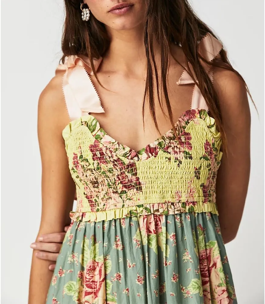Women Floral Boho Sundress Tie Shoulder Smocked Patchwork Flowy Maxi Dresses with Pockets Summer Fall