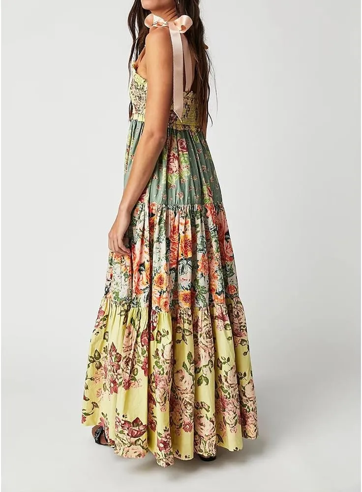 Women Floral Boho Sundress Tie Shoulder Smocked Patchwork Flowy Maxi Dresses with Pockets Summer Fall
