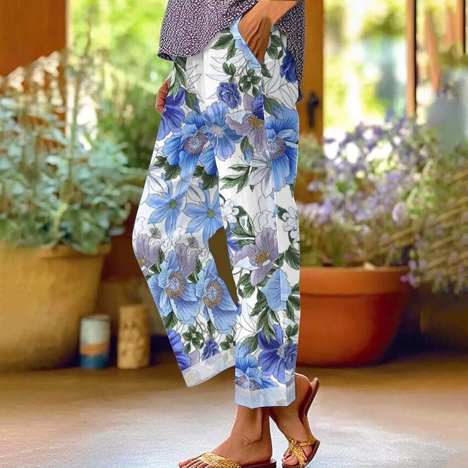 Women Linen Pants Solid Elastic Pants Long Drawstring Linen Women Waist Cotton Casual Pants Casual Button Up Flowy