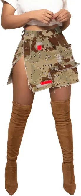 Women Mini Skirt Camo Cargo Skirt Sexy High Split Mini Skirt for Women Novelty Skirts Denim Skirt